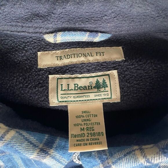 L.L. Bean Men's M Blue Plaid Flannel Button-Up Shacket Long Sleeve Fleeced Lined - Picture 3 of 5